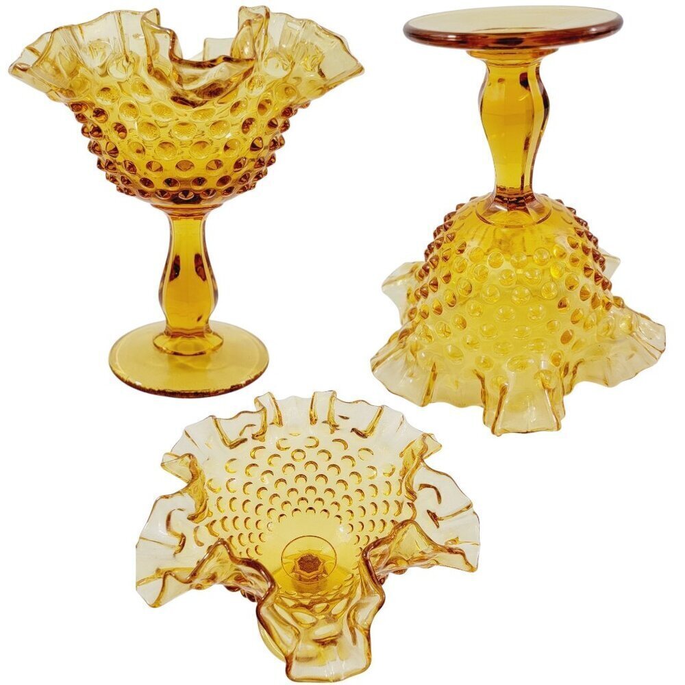 Vintage Fenton Collectible Hobnail Compote Gold Amber Art Glass Footed Vase